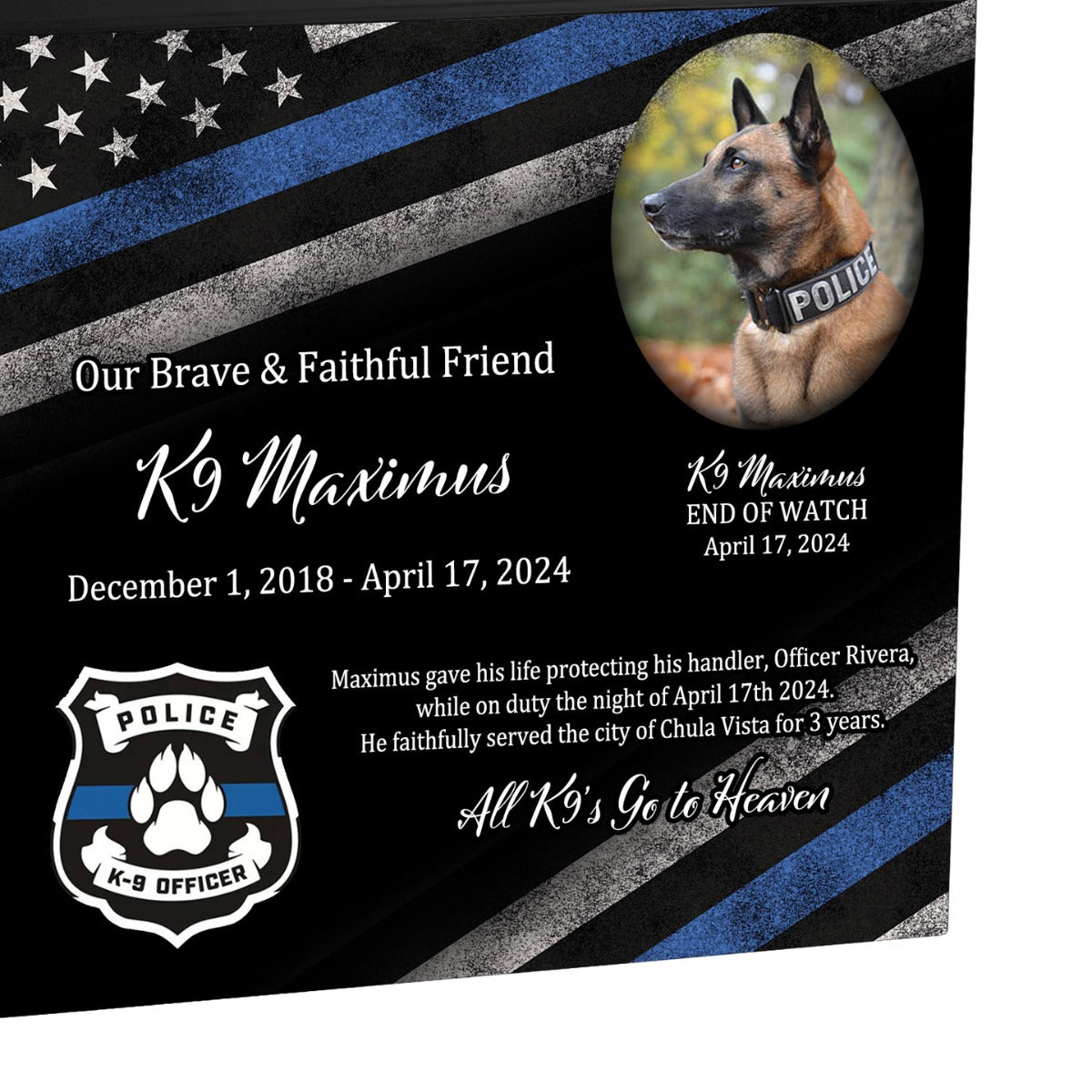 K-9 Officer Police Dog Cremation Urn - Thin Blue Line