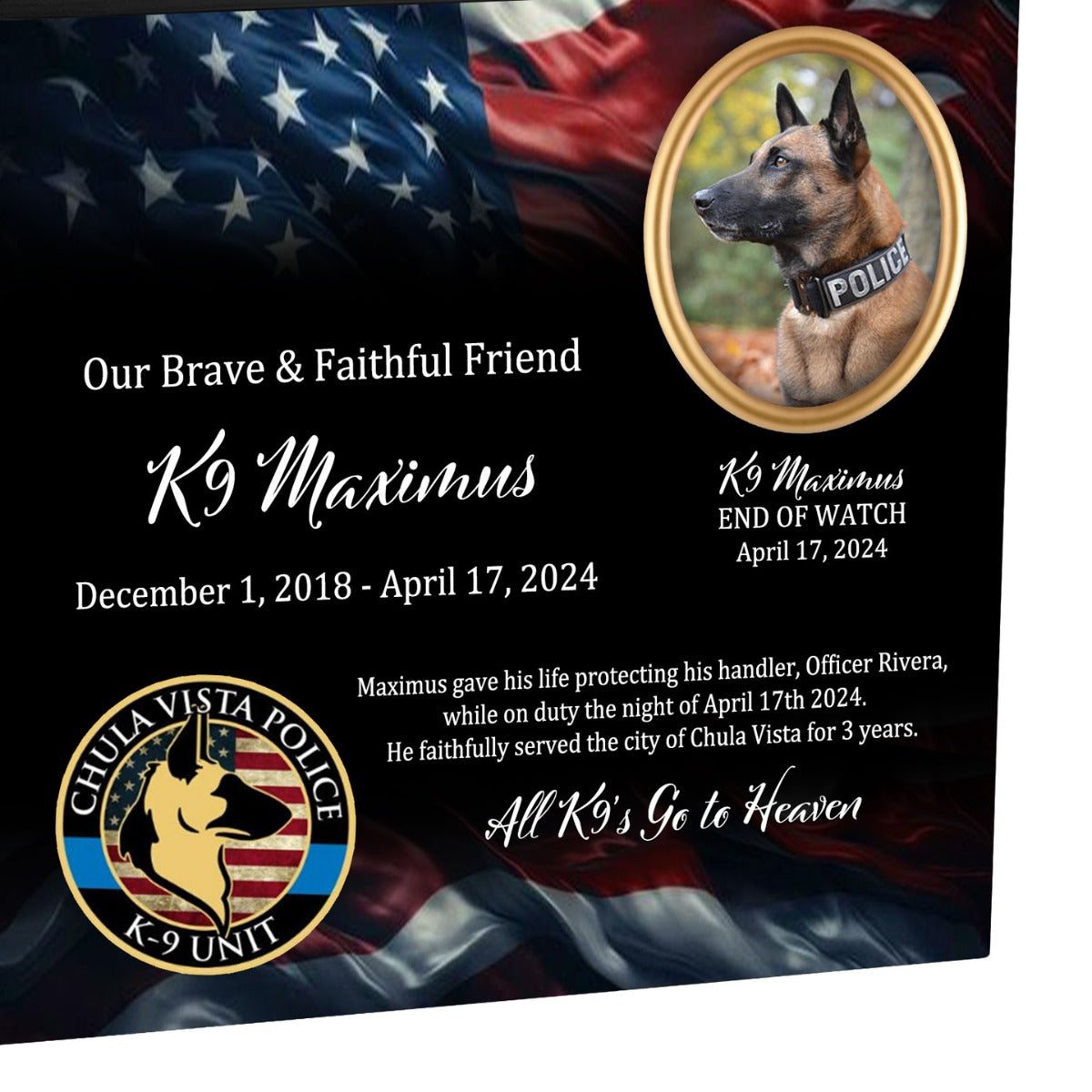 K-9 Officer Police Dog Cremation Urn - USA Flag