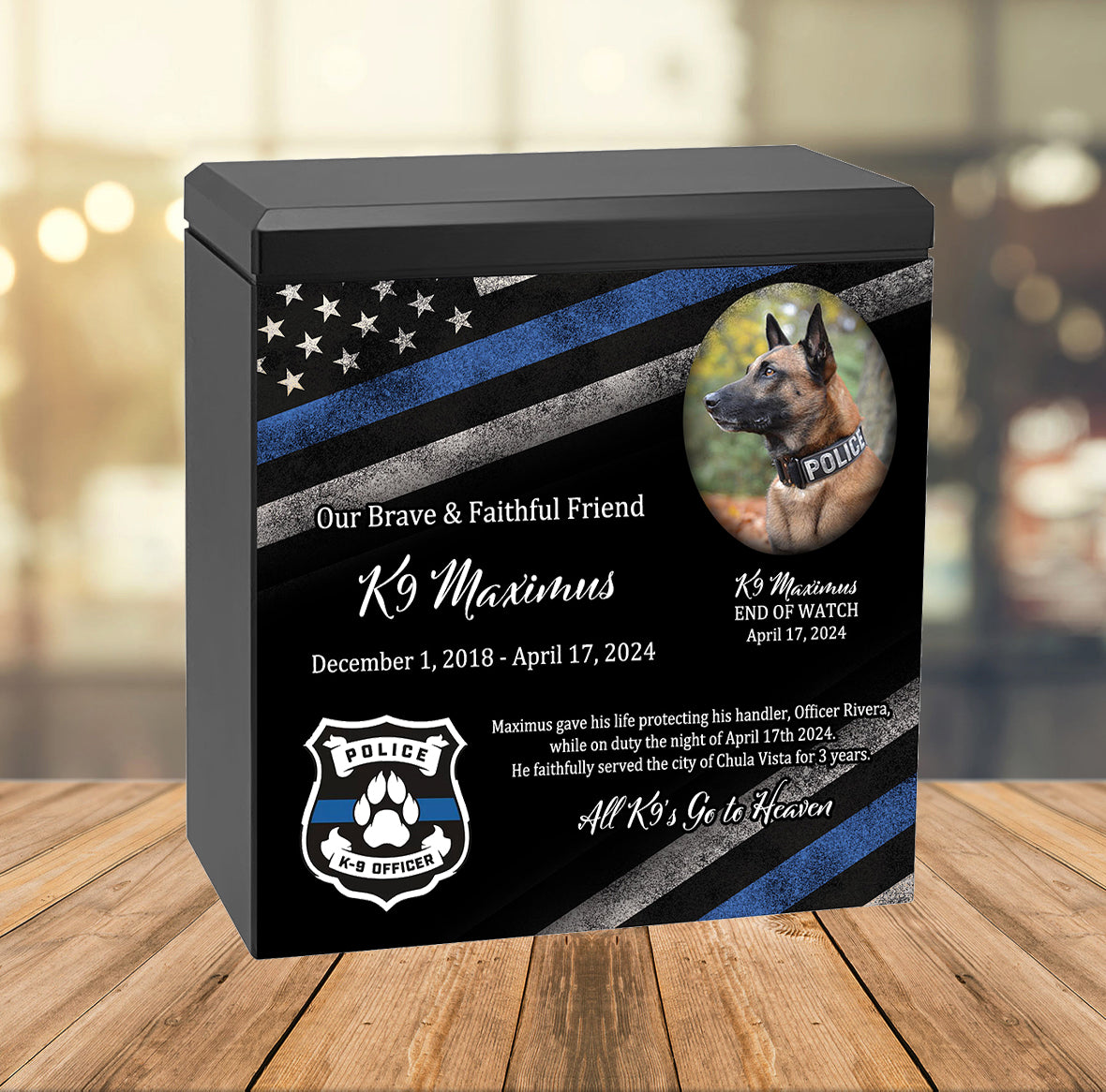 K-9 Officer Police Dog Cremation Urn - Thin Blue Line