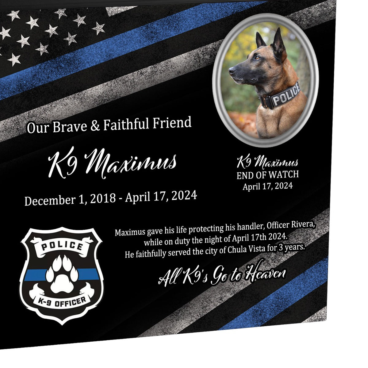 K-9 Officer Police Dog Cremation Urn - Thin Blue Line