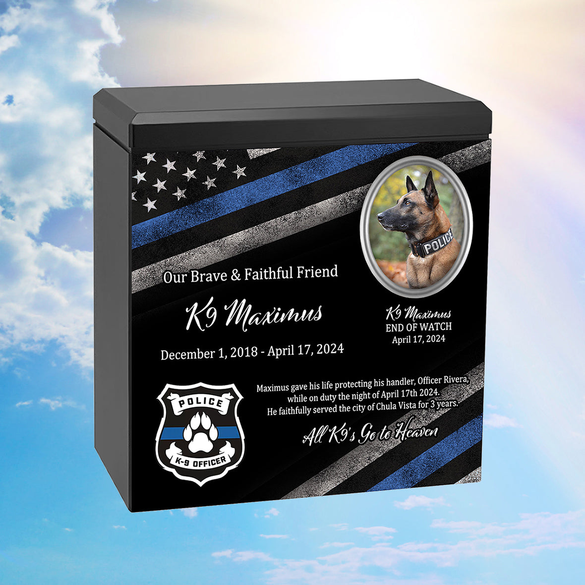 K-9 Officer Police Dog Cremation Urn - Thin Blue Line