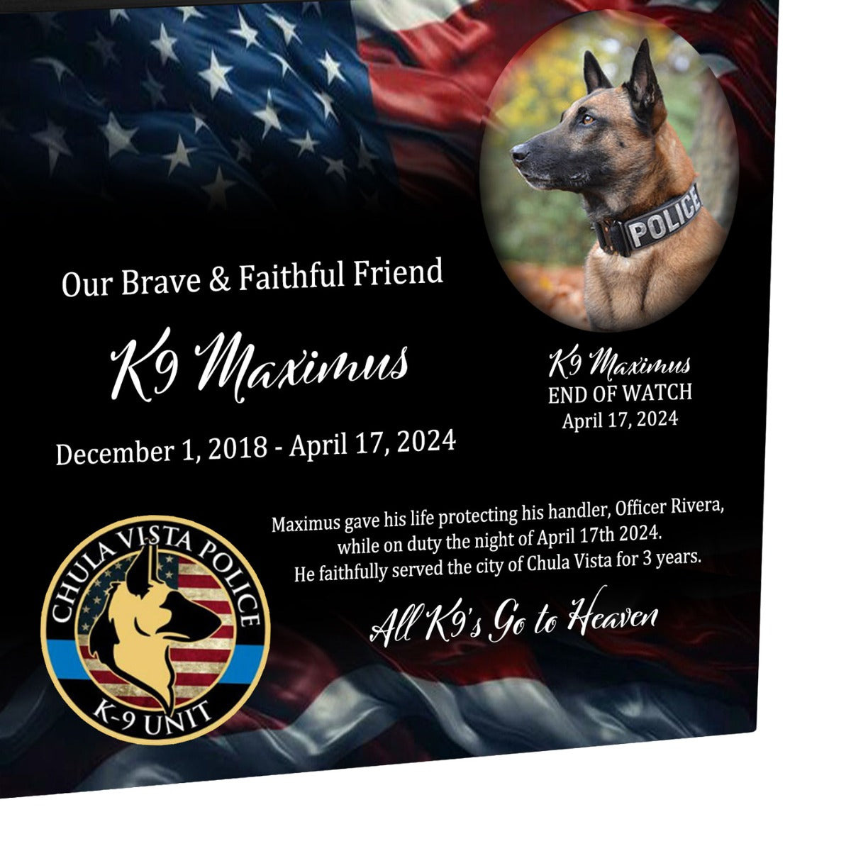 K-9 Officer Police Dog Cremation Urn - USA Flag