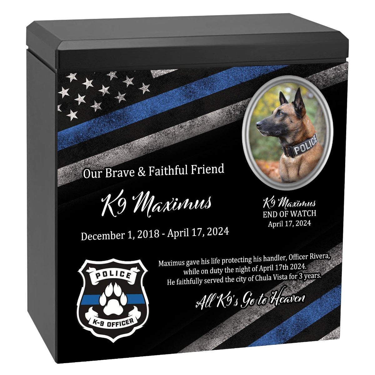 K-9 Officer Police Dog Cremation Urn - Thin Blue Line