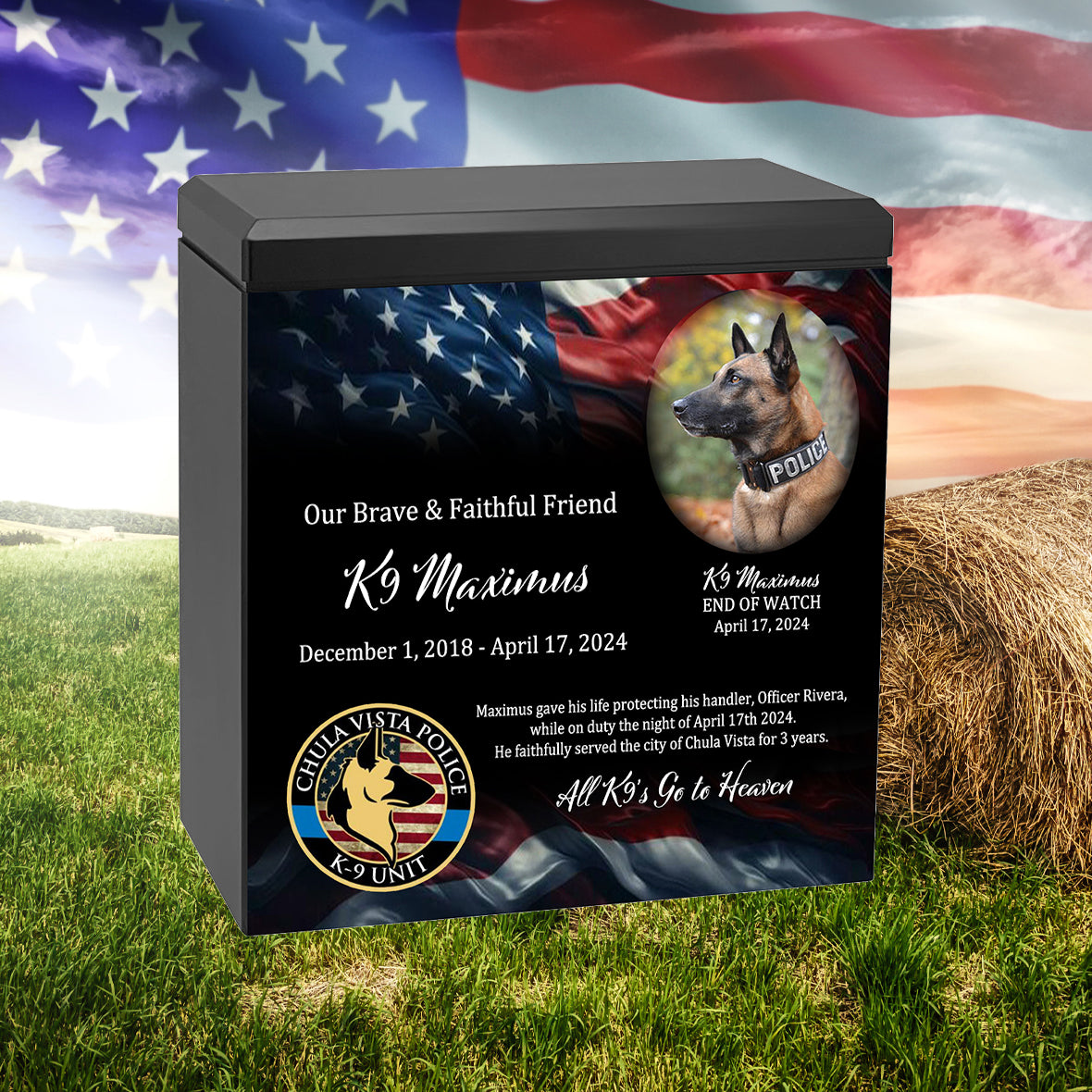 K-9 Officer Police Dog Cremation Urn - USA Flag