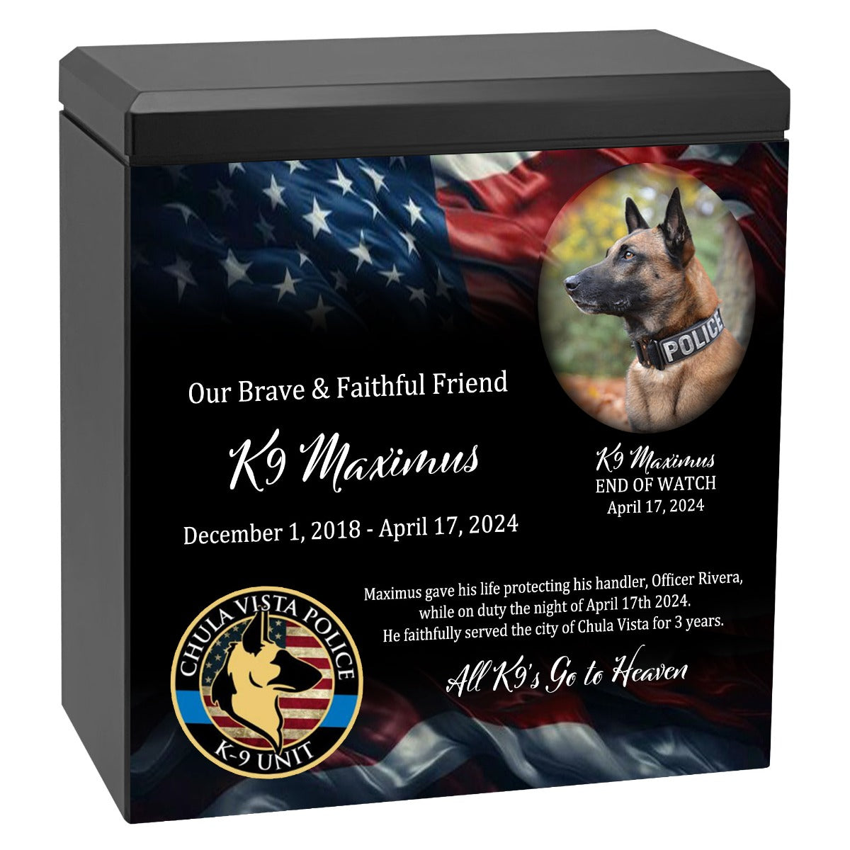 K-9 Officer Police Dog Cremation Urn - USA Flag