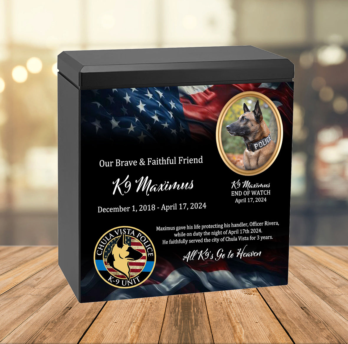 K-9 Officer Police Dog Cremation Urn - USA Flag