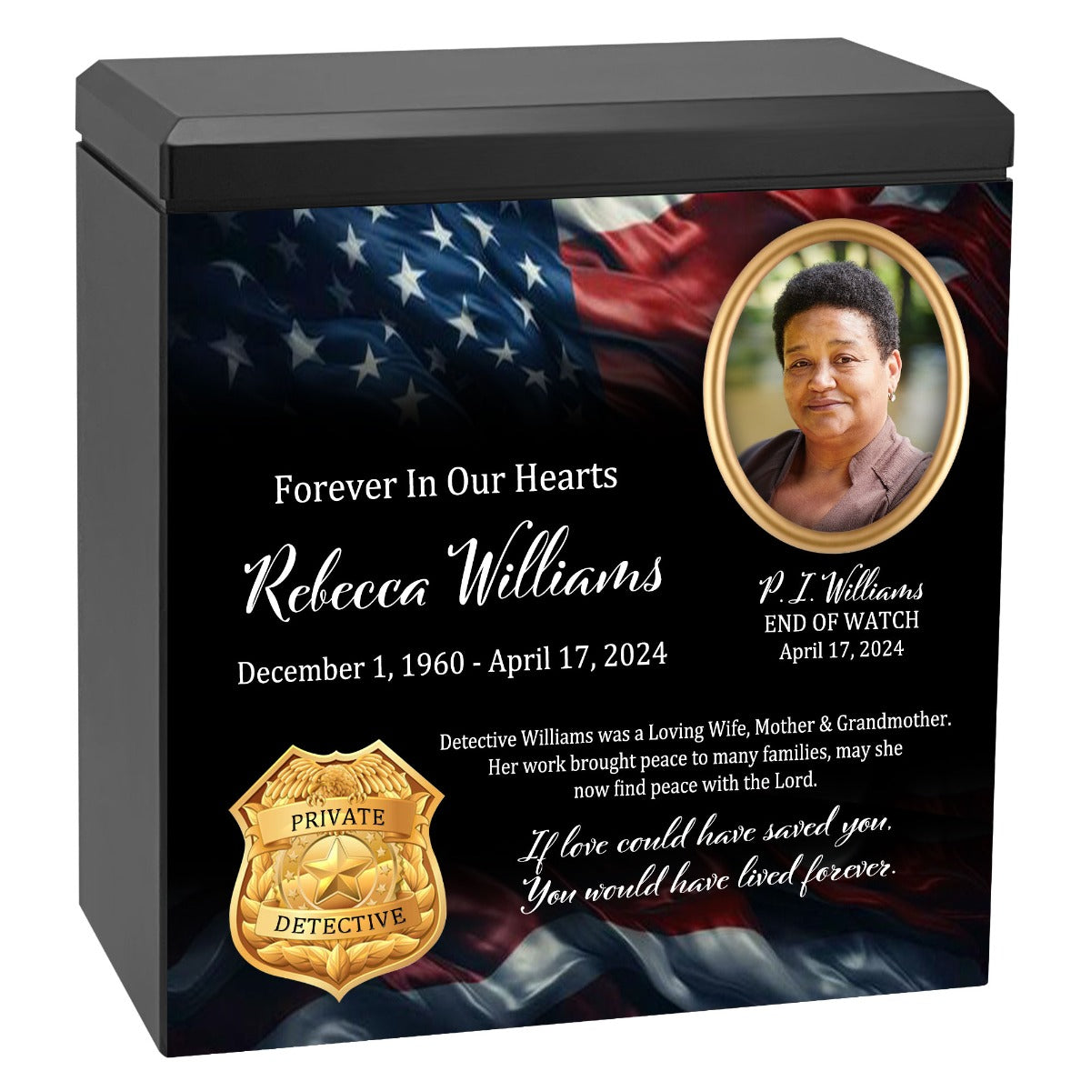 Police or Private Detective Cremation Urn - USA Flag