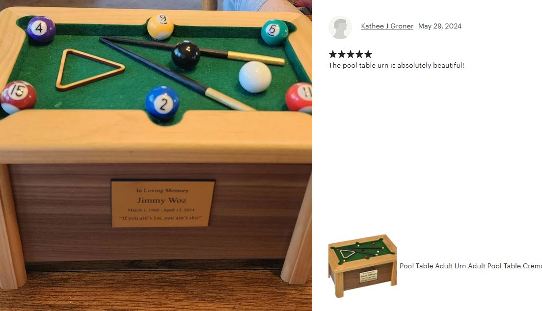 Pool Table & Billiards Cremation Urn - Hand Made USA Gaming Table Urn