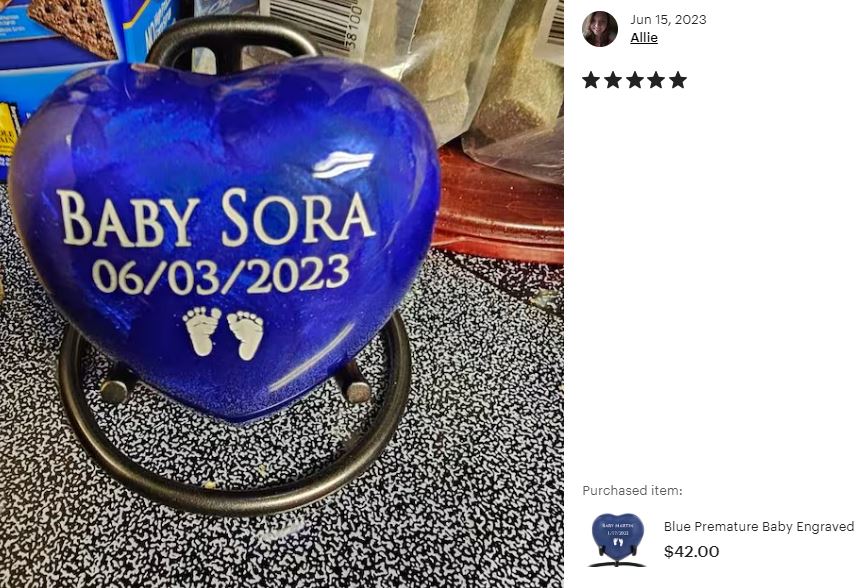 Blue Premature Baby Engraved Heart Urn - Stand Option