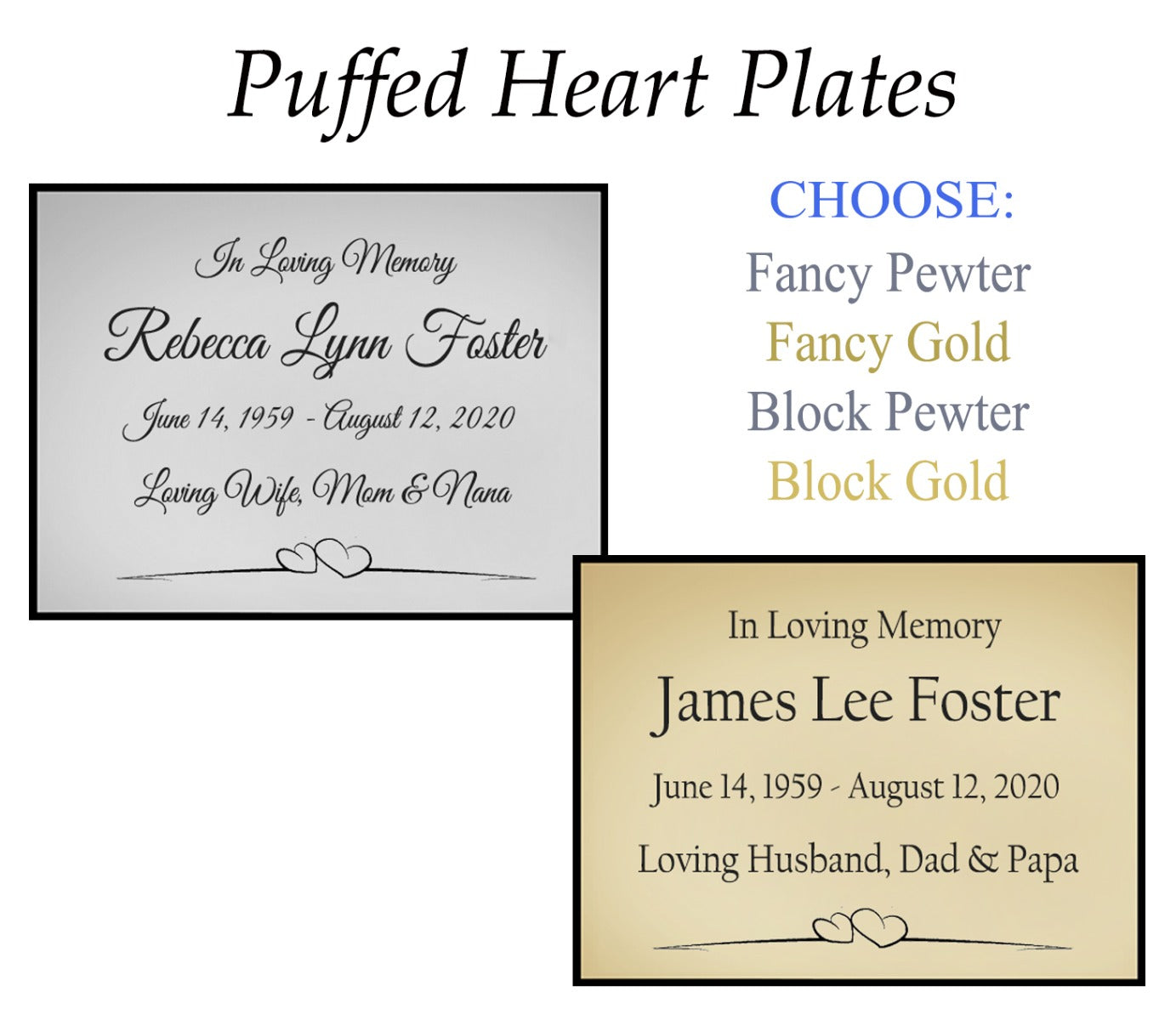 Puffed Heart Name Plates For Cremation Urns