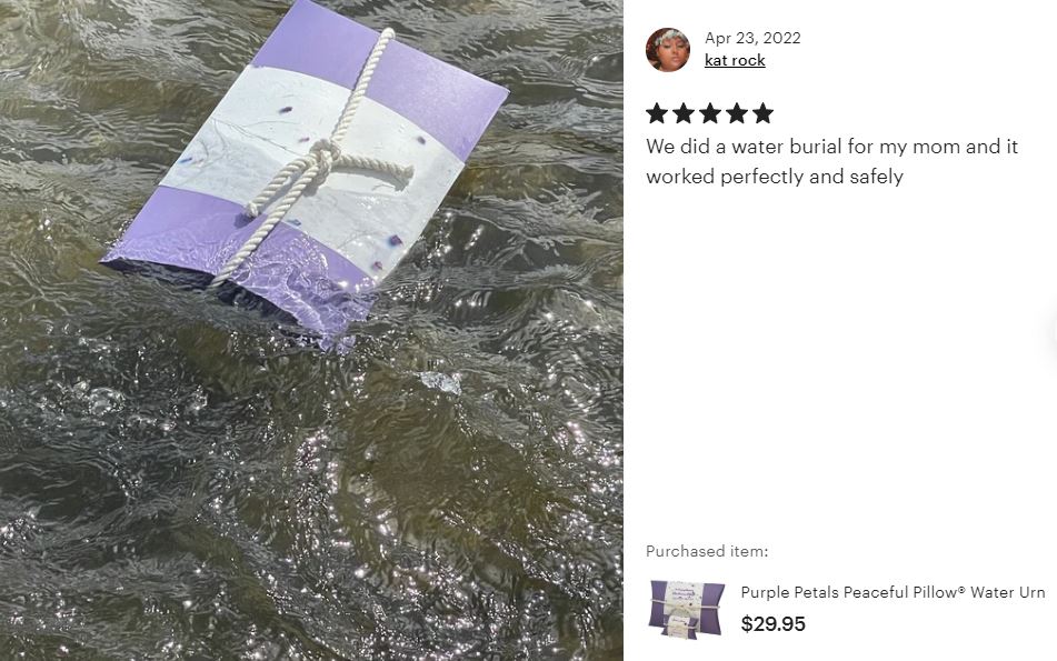 Purple Petals Peaceful Pillow® Water Burial Cremation Urn - Biodegradable Water Burial At Sea Urn - Wide River Urn