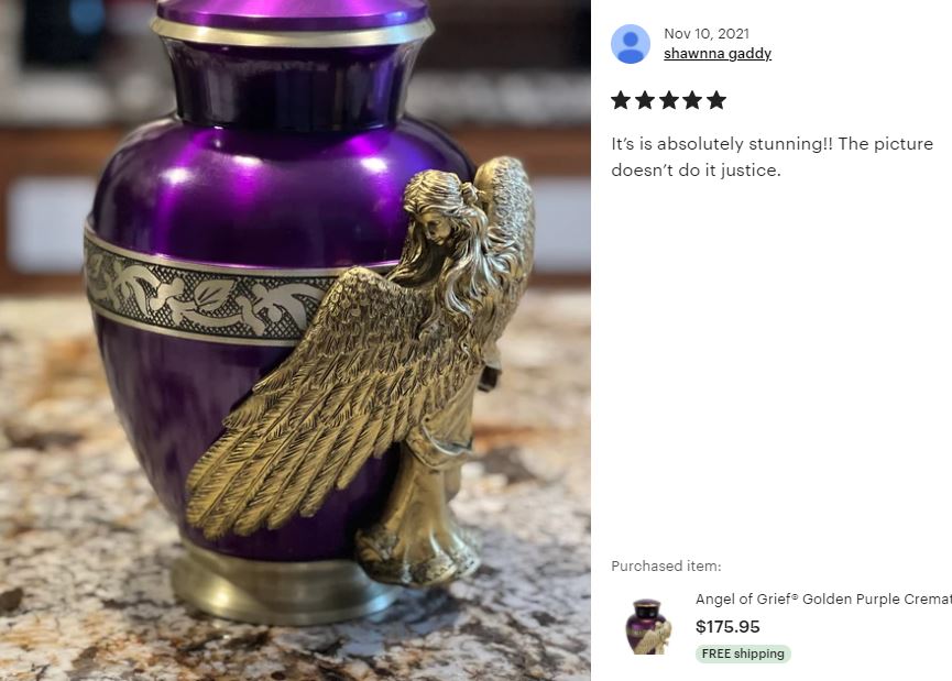 Wings of an Angel Golden Purple Adult Urn - Pro Laser Engraving - Burial Vault Option