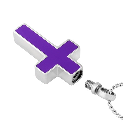 Purple Stainless Cross Cremation Jewelry Urn - Love Charms Option