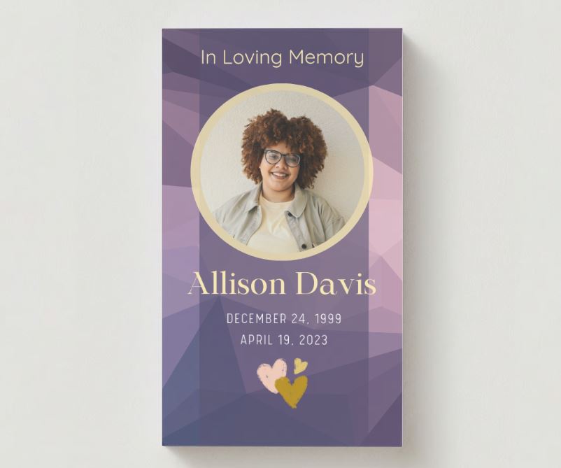 Purple Crystal Photo Memorial Cards - Funeral  Cards - Celebration of Life Cards