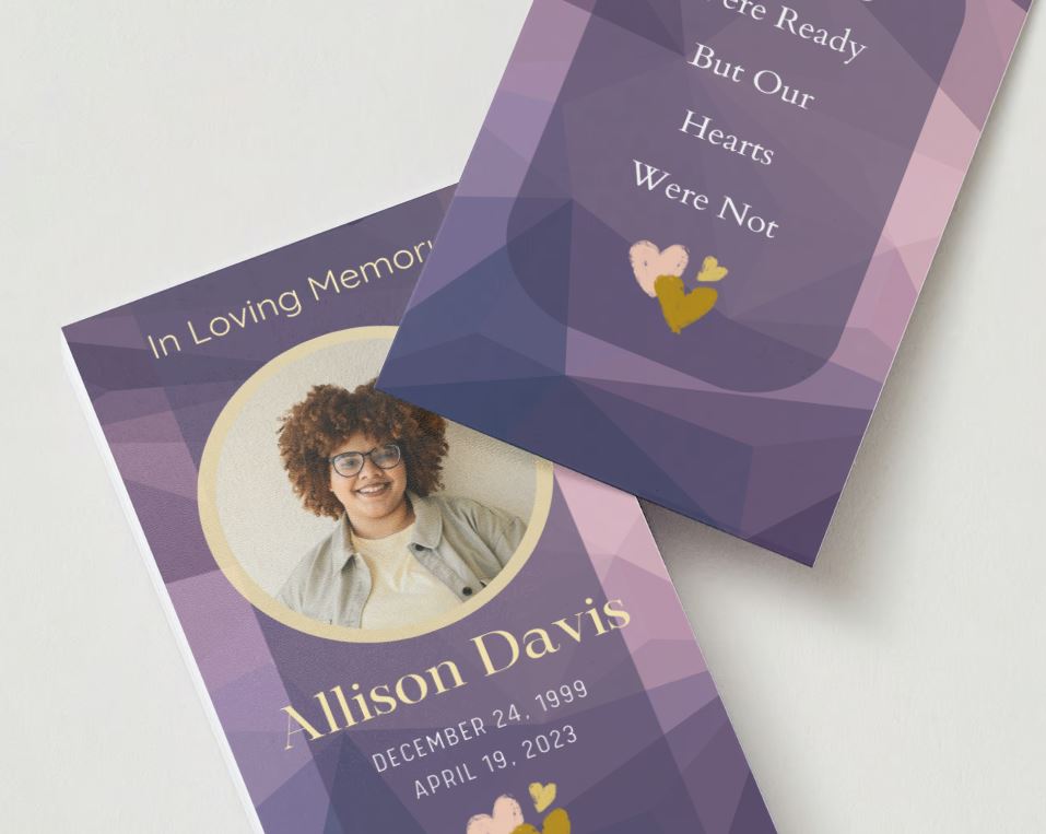 Purple Crystal Photo Memorial Cards - Funeral  Cards - Celebration of Life Cards