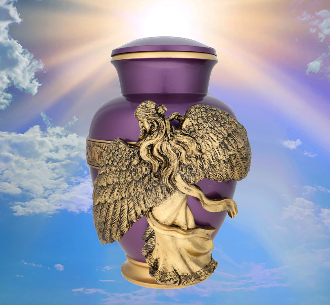 Wings of an Angel Golden Purple Adult Urn - Pro Laser Engraving - Burial Vault Option