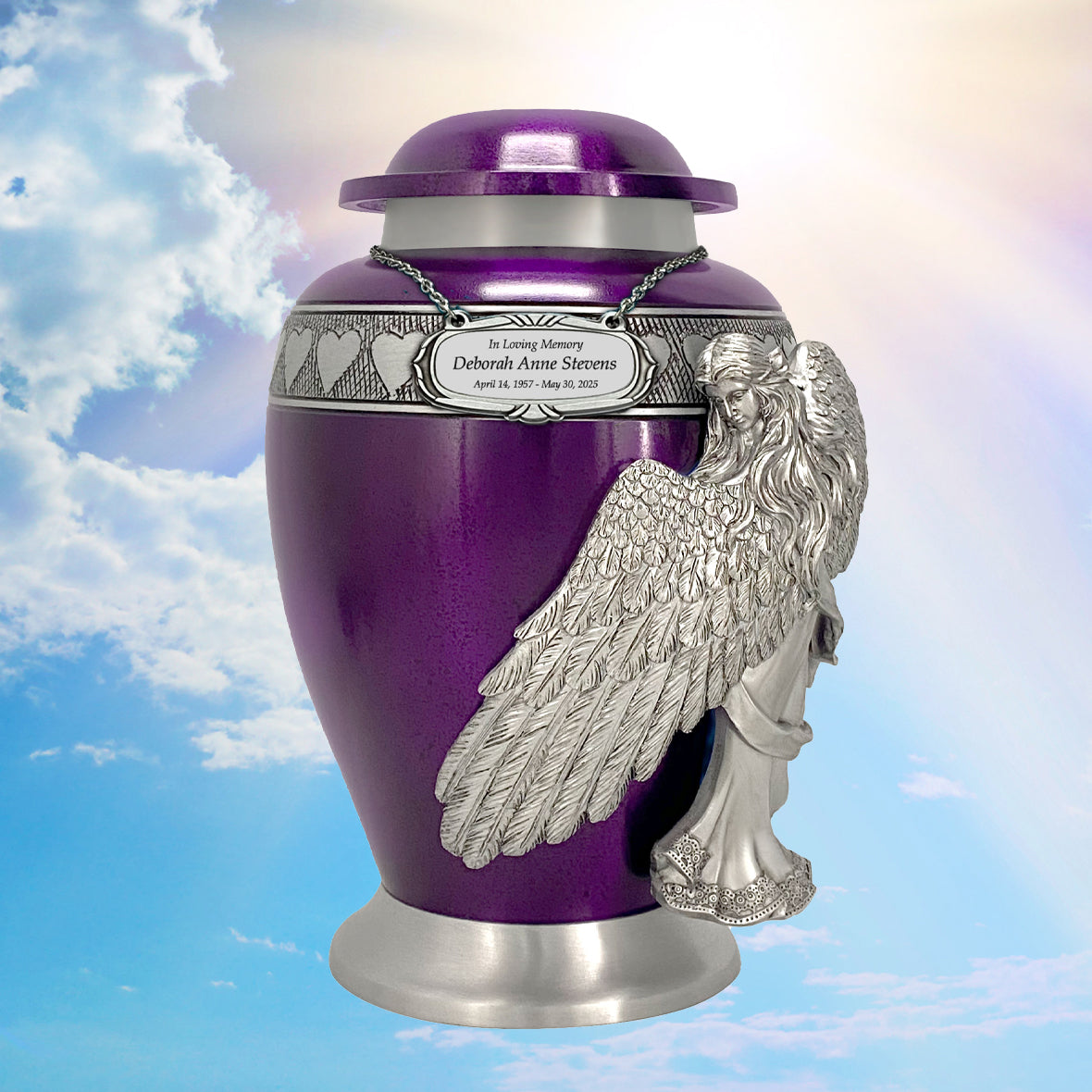 Wings of an Angel Purple Hearts Adult Urn - Pro Laser Engraving - Burial Vault Option