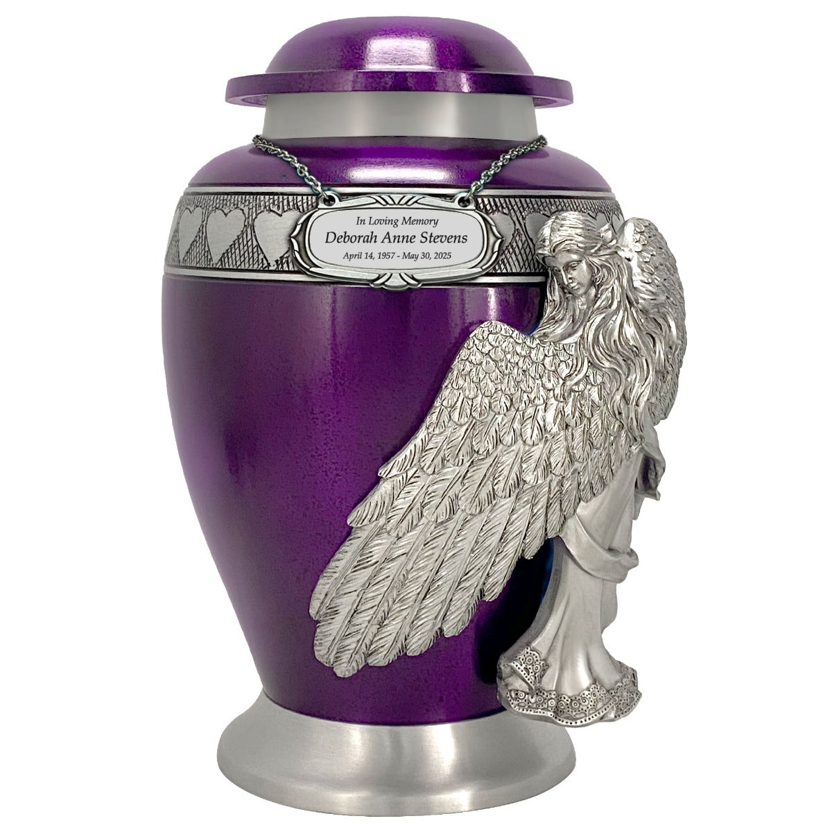 Wings of an Angel Purple Hearts Adult Urn - Pro Laser Engraving - Burial Vault Option