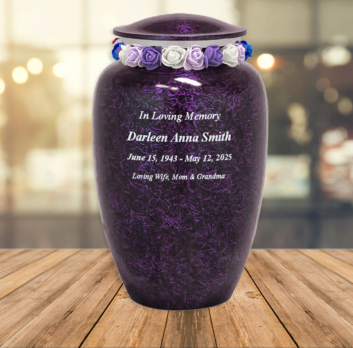 Purple Marbled Pewter Cremation Adult Urn - Tribute Wreath™ - Pro Laser Engraving