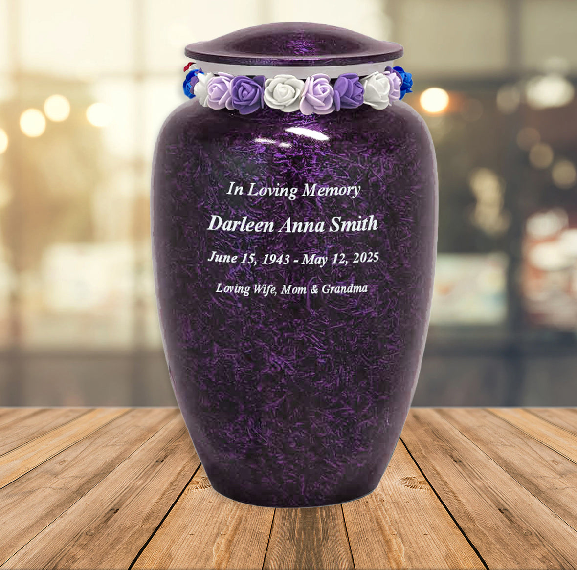 Purple Marbled Pewter Cremation Adult Urn - Tribute Wreath™ - Pro Laser Engraving