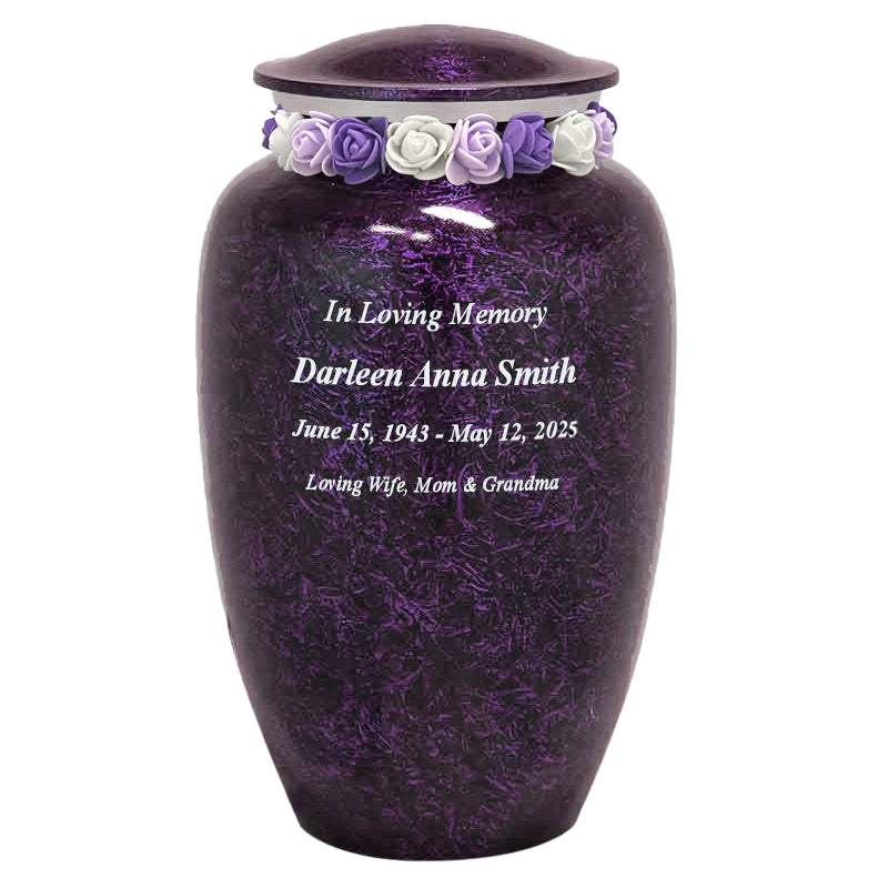 Purple Marbled Pewter Cremation Adult Urn - Tribute Wreath™ - Pro Laser Engraving