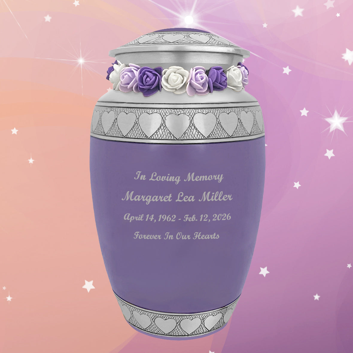 Purple Hearts Pewter Adult Urn - Tribute Wreath™ - Pro Laser Engraving - Burial Vault Option