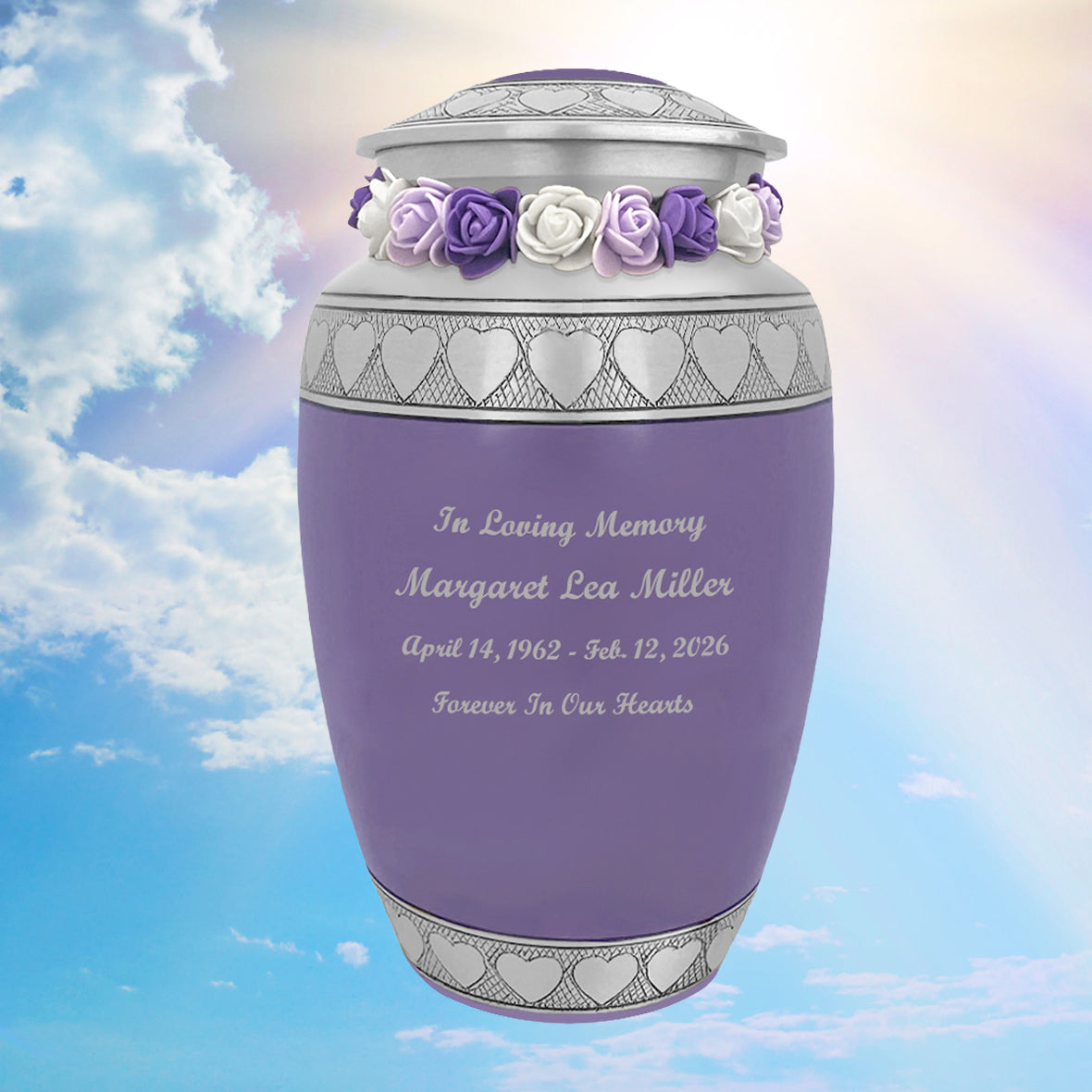Purple Hearts Pewter Adult Urn - Tribute Wreath™ - Pro Laser Engraving - Burial Vault Option