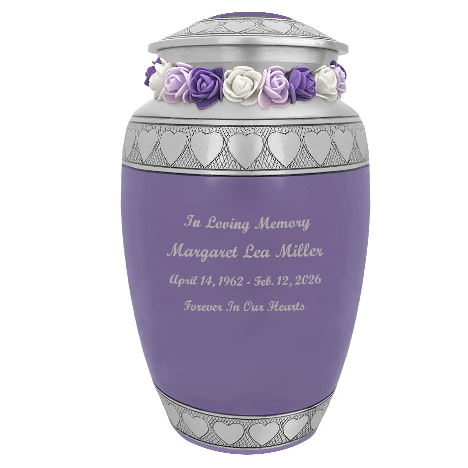 Purple Hearts Pewter Adult Urn - Tribute Wreath™ - Pro Laser Engraving - Burial Vault Option