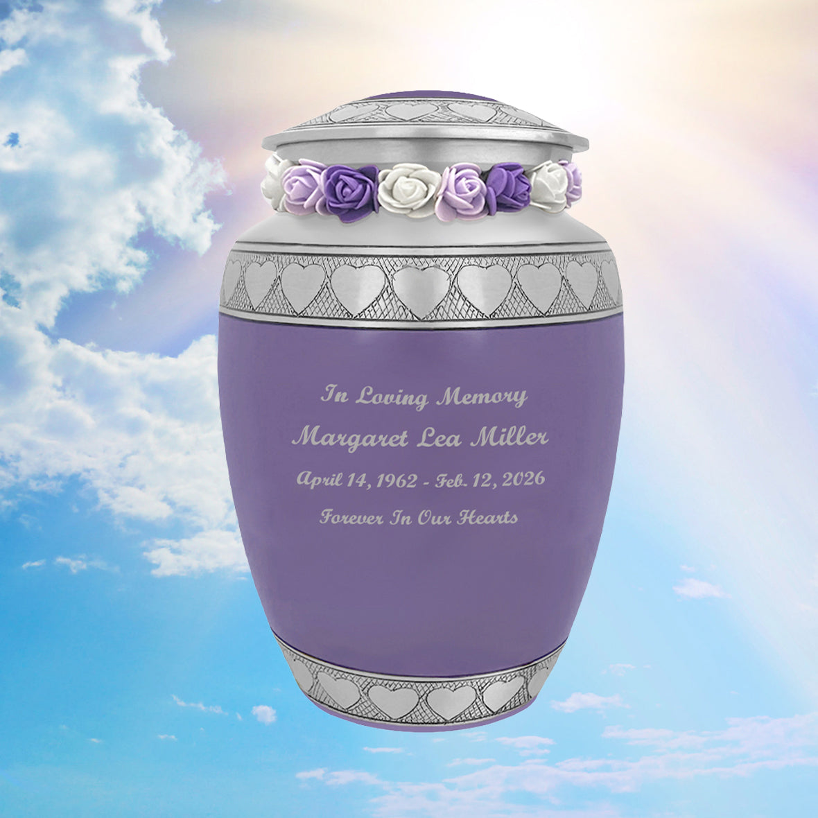 Purple Hearts Pewter Medium Urn - Tribute Wreath™ - Pro Laser Engraving