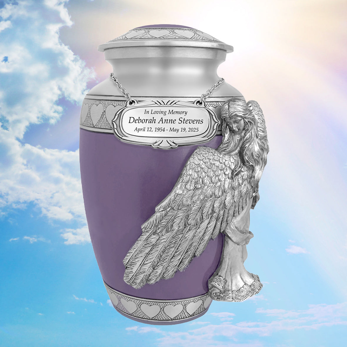 Wings of an Angel Purple Hearts Adult Urn - Pro Laser Engraving - Burial Vault Option