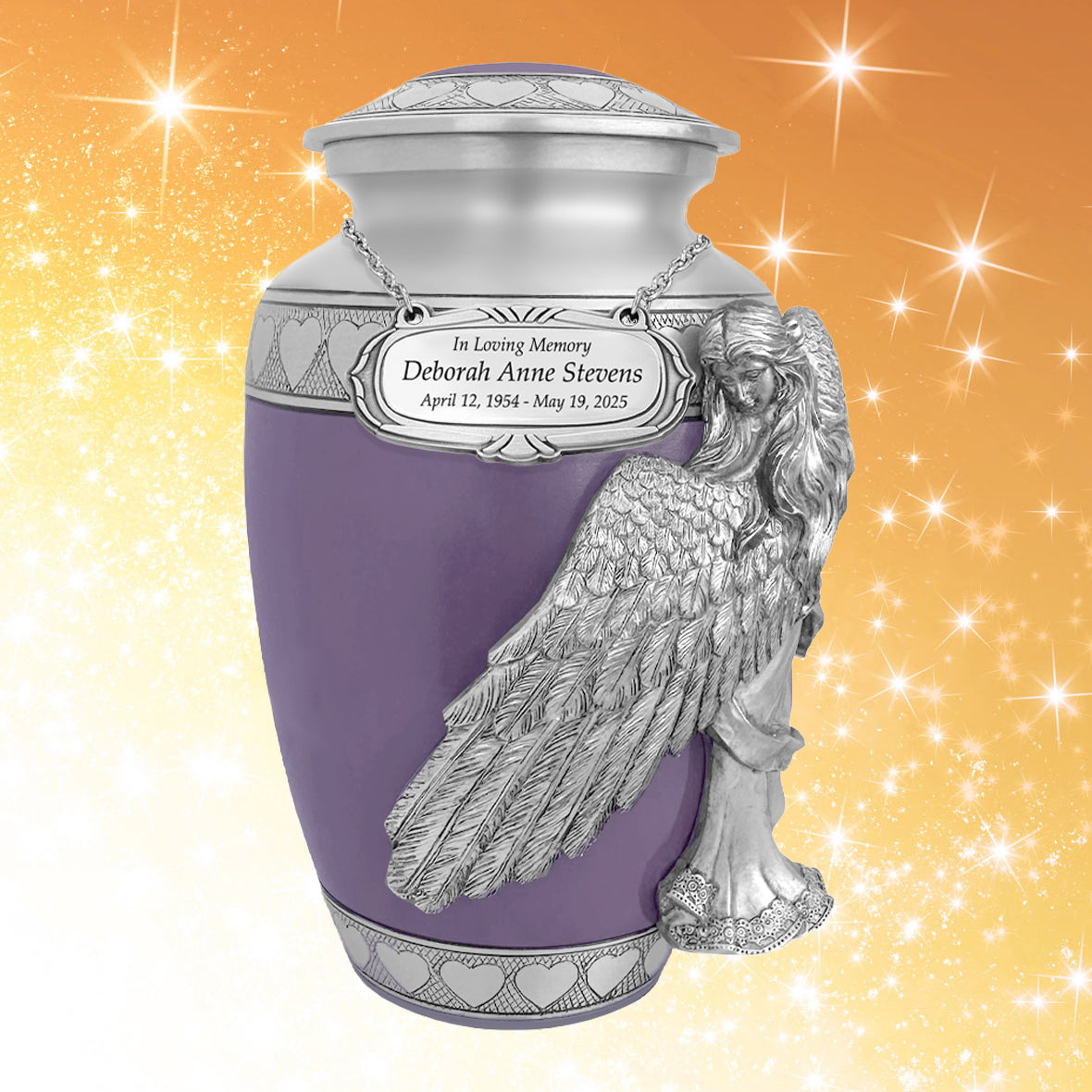 Wings of an Angel Purple Hearts Adult Urn - Pro Laser Engraving - Burial Vault Option