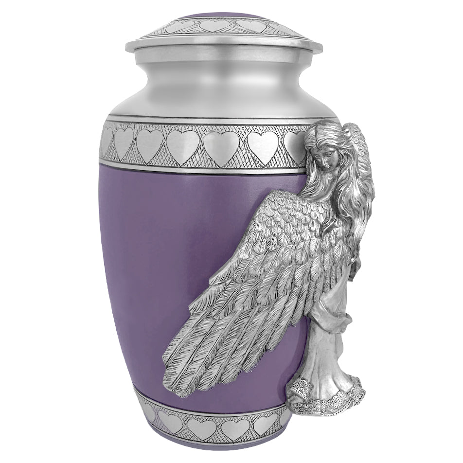 Wings of an Angel Purple Hearts Adult Urn - Pro Laser Engraving - Burial Vault Option