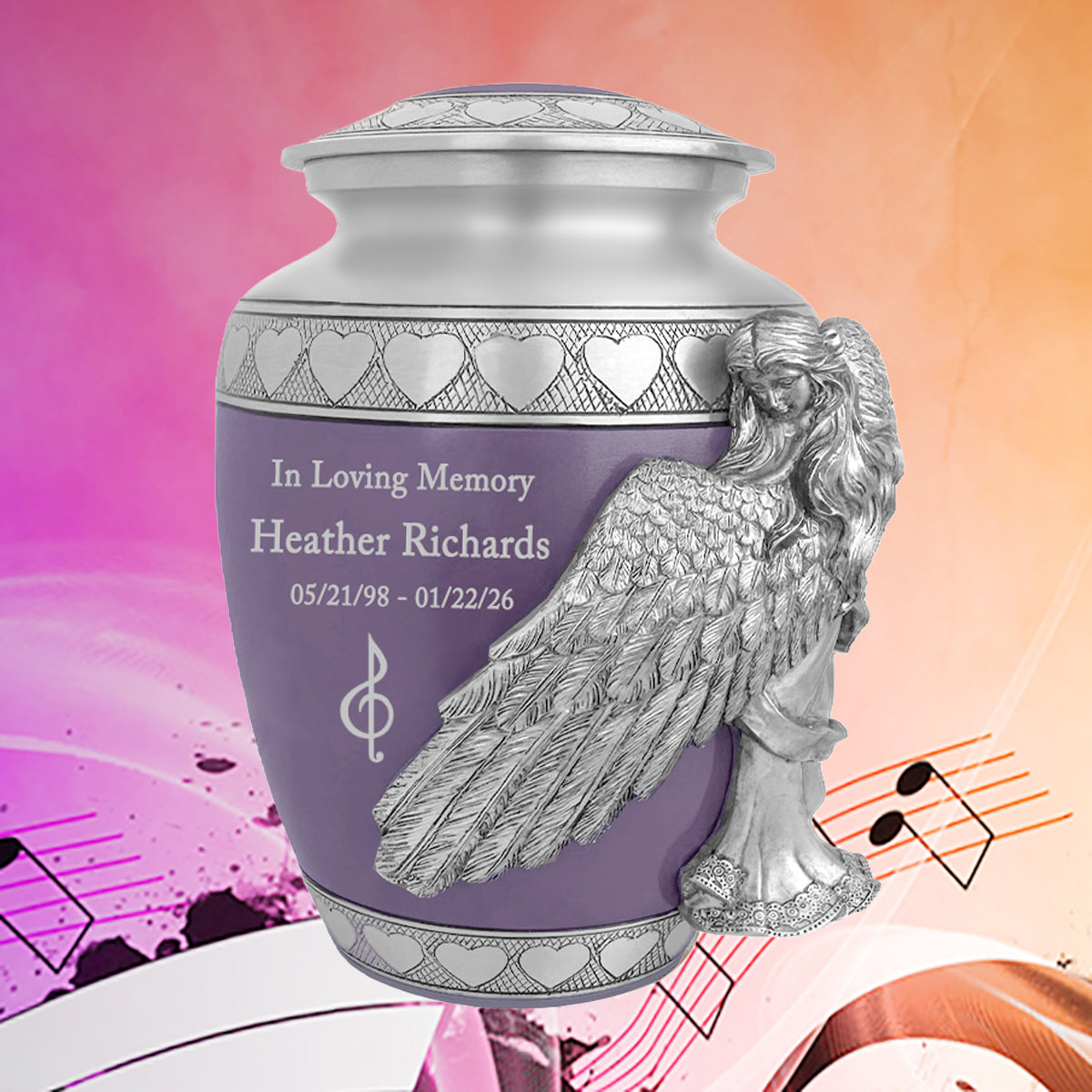 Medium, Youth or Pet Wings of an Angel Purple Hearts Urn - Pro Laser Engraving