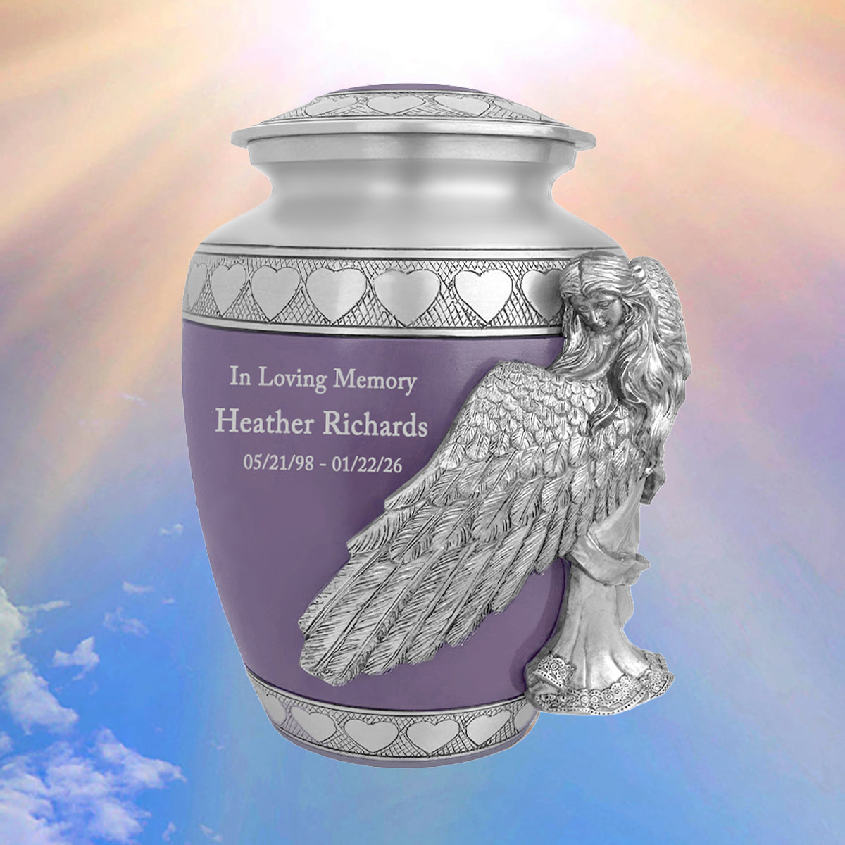Medium, Youth or Pet Wings of an Angel Purple Hearts Urn - Pro Laser Engraving