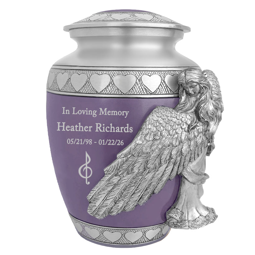 Medium or Youth Wings of an Angel Purple Hearts Urn - Pro Laser Engraving