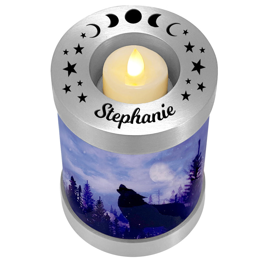 Winter Wolf Candle Cremation Urn - Engraving Available - LED Candle Included