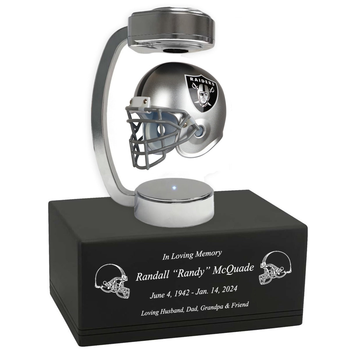 Football Adult or Medium Cremation Urn & Las Vegas Raiders Hover Helmet Décor - Free Engraving