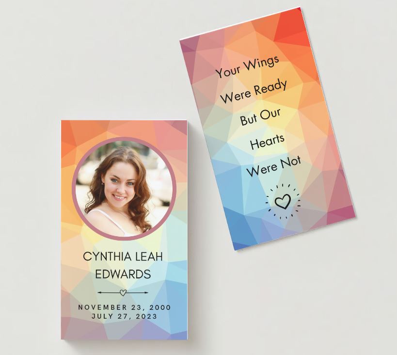 Rainbow Crystal Photo Memorial Cards - Funeral  Cards - Celebration of Life Cards