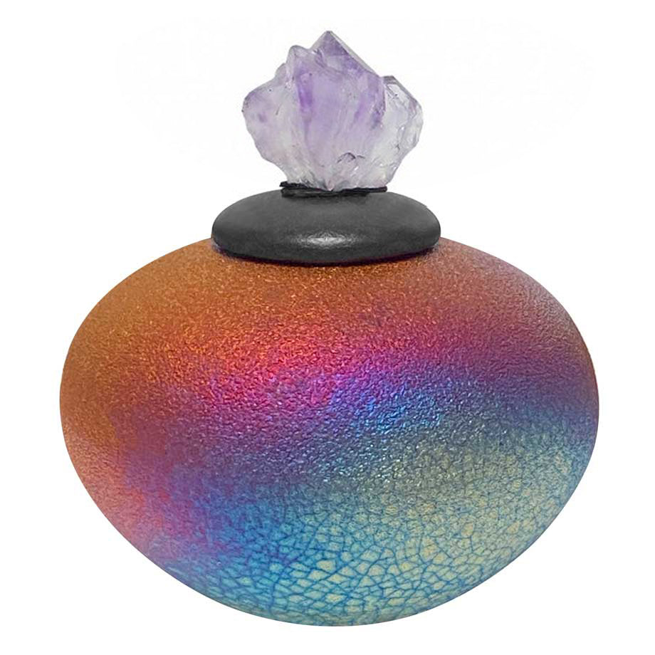 Raku Purple Crystal Ashes Mini Urn - Engraved Stand Included