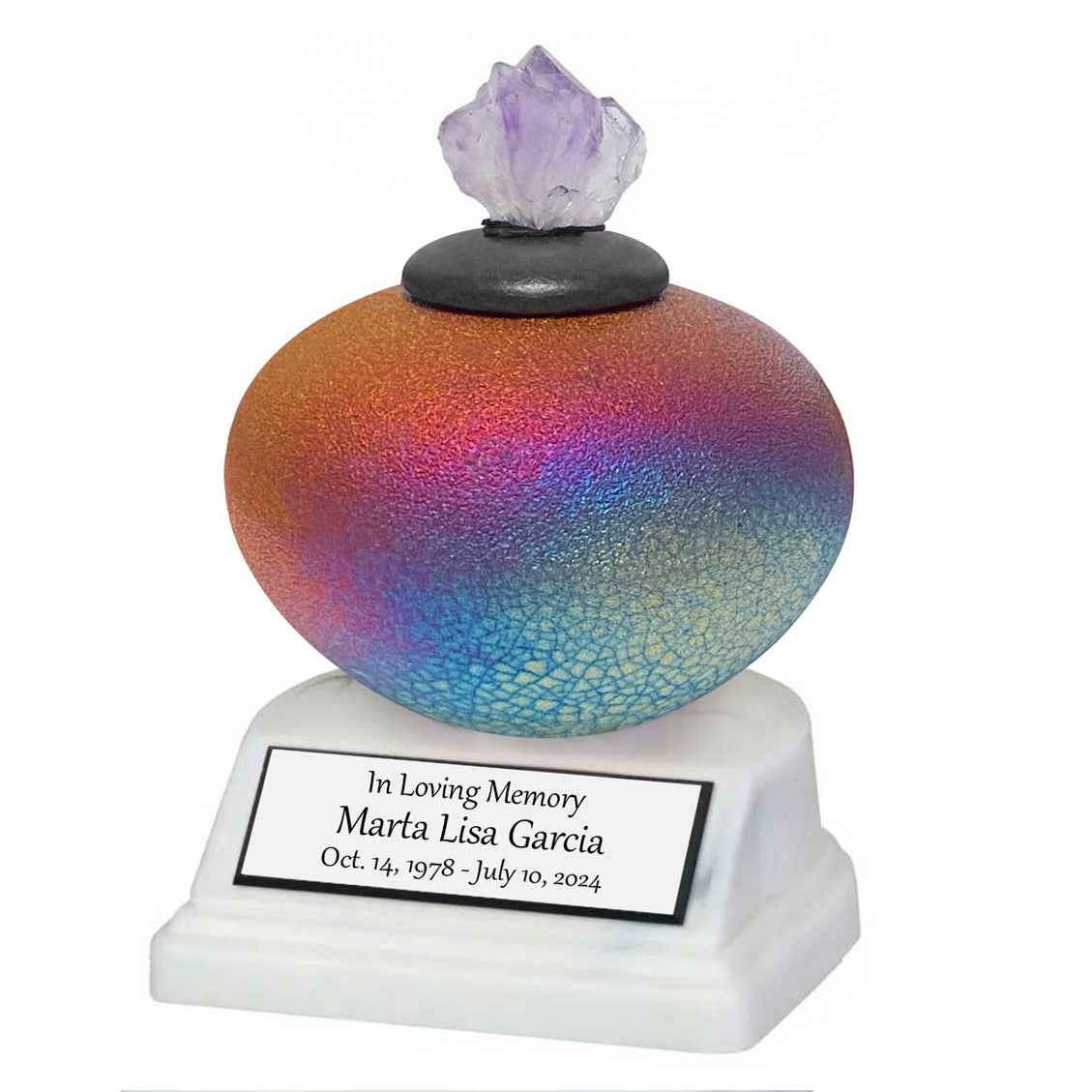 Raku Purple Crystal Ashes Mini Urn - Engraved Stand Included