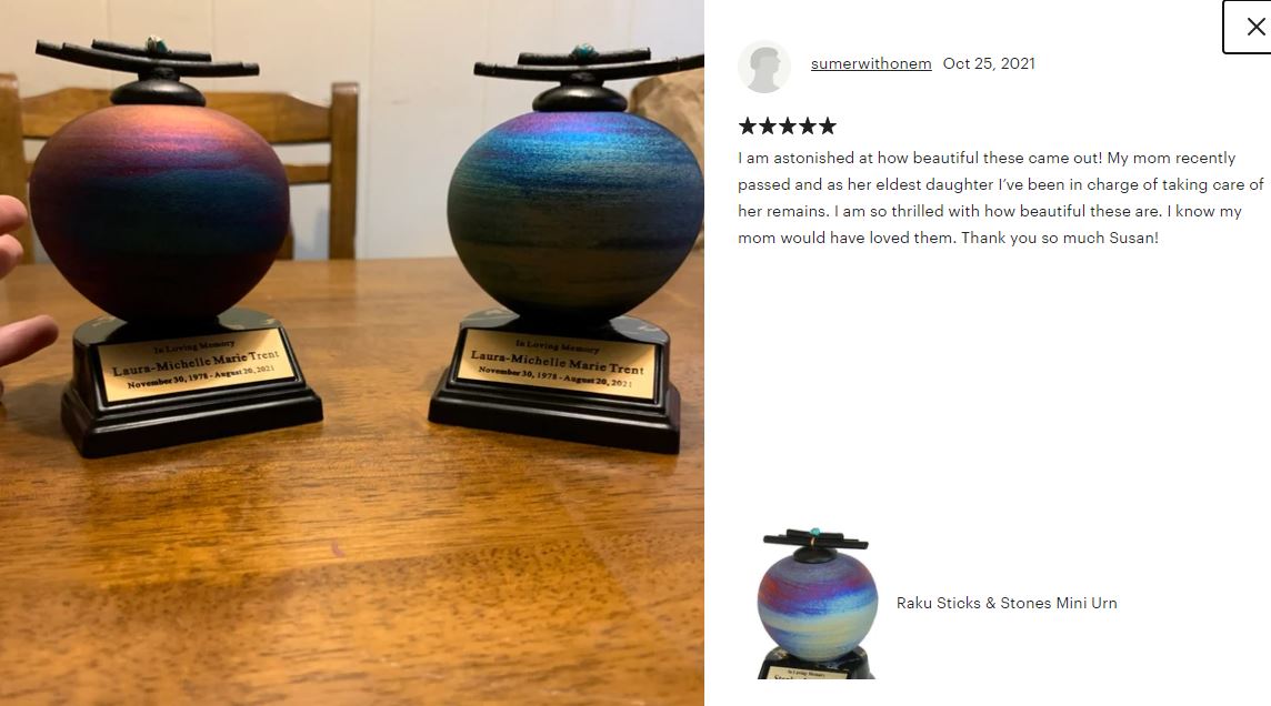 Raku Sticks & Stones Keepsake Urn & Engraved Stand