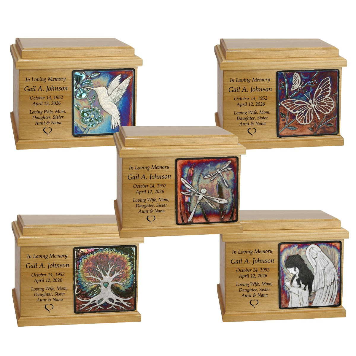 Oak Wood Raku Tile Adult Cremation Urns - Free Engraving