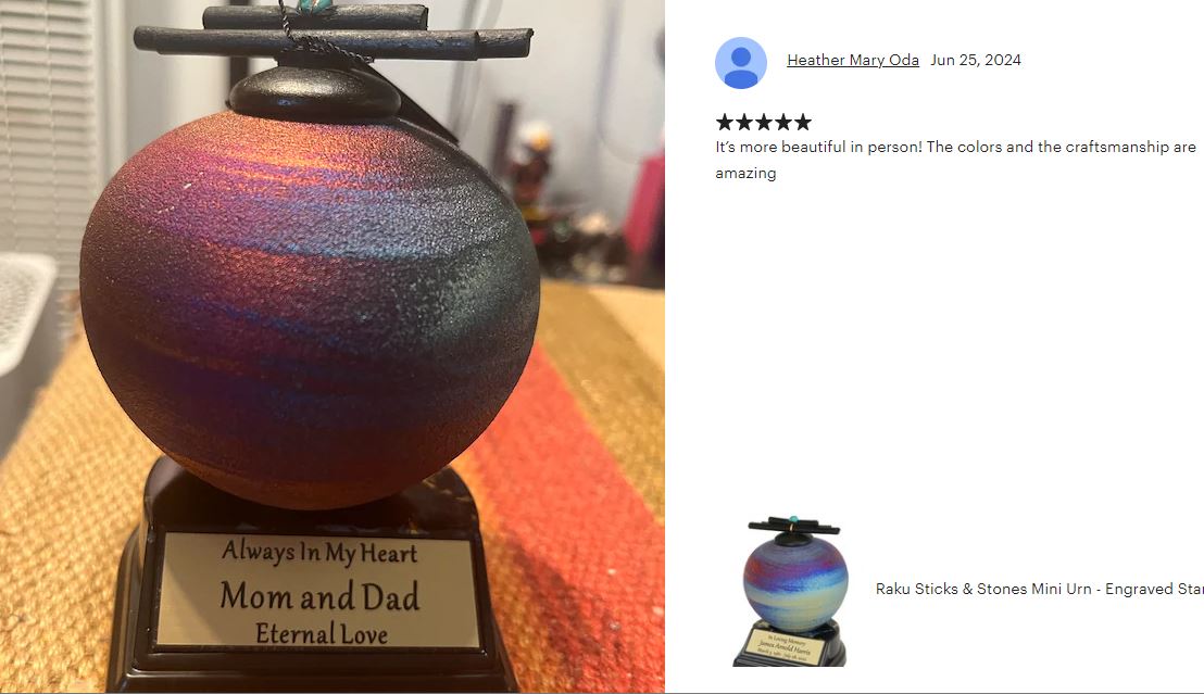 Raku Sticks & Stones Keepsake Urn & Engraved Stand