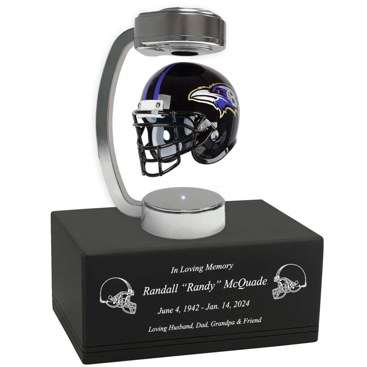 Football Adult or Medium Cremation Urn & Baltimore Ravens Hover Helmet Décor - Free Engraving