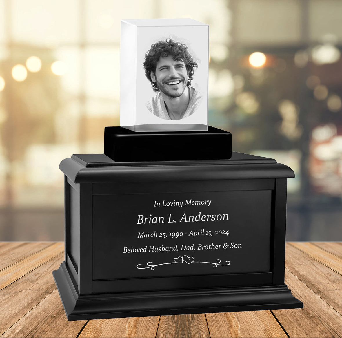 Rectangle 3D Crystal Black, Brown or White Keep The Memory® Wood Urn Set - 3D Crystal Photo Engraved Wood Urn
