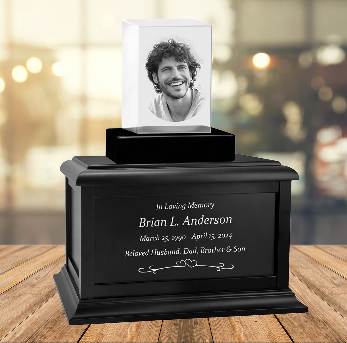 Rectangle 3D Crystal Black, Brown or White Keep The Memory® Wood Urn Set - 3D Crystal Photo Engraved Wood Urn