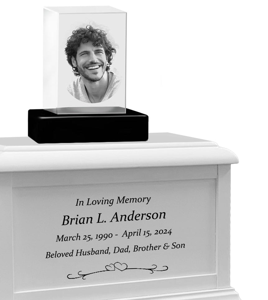 Rectangle 3D Crystal Black, Brown or White Keep The Memory® Wood Urn Set - 3D Crystal Photo Engraved Wood Urn