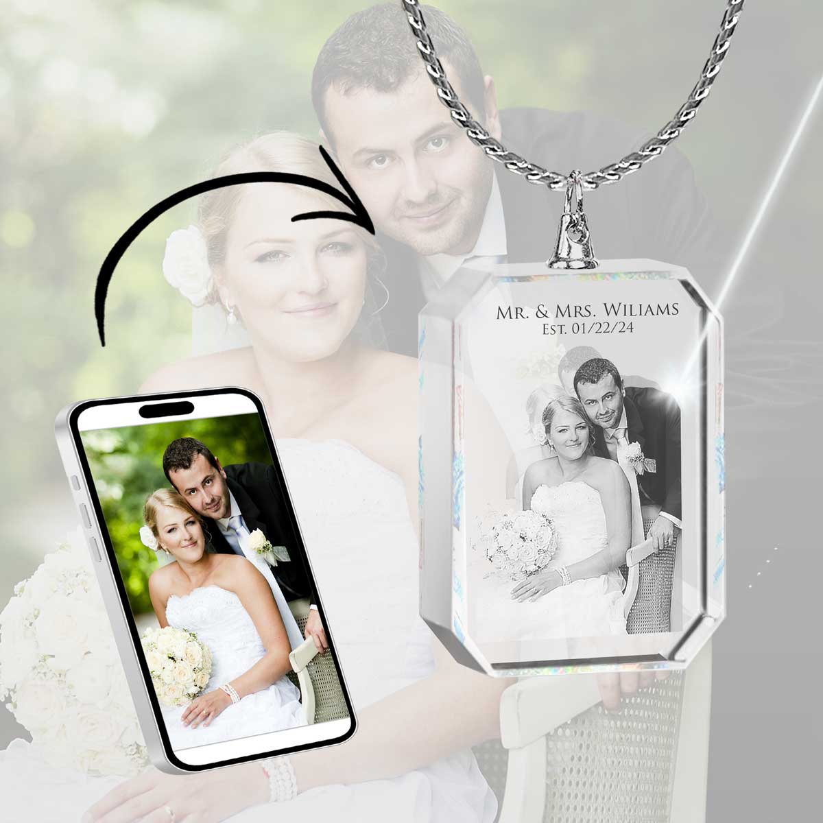 2D Crystal Photo Rectangle Necklace Pendant - Engraving Option - Free Chain