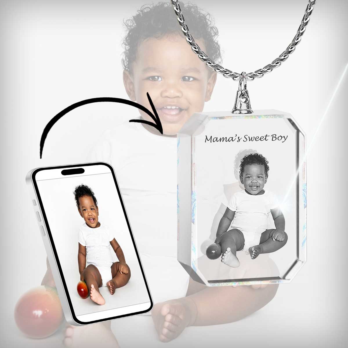 2D Crystal Photo Rectangle Necklace Pendant - Engraving Option - Free Chain
