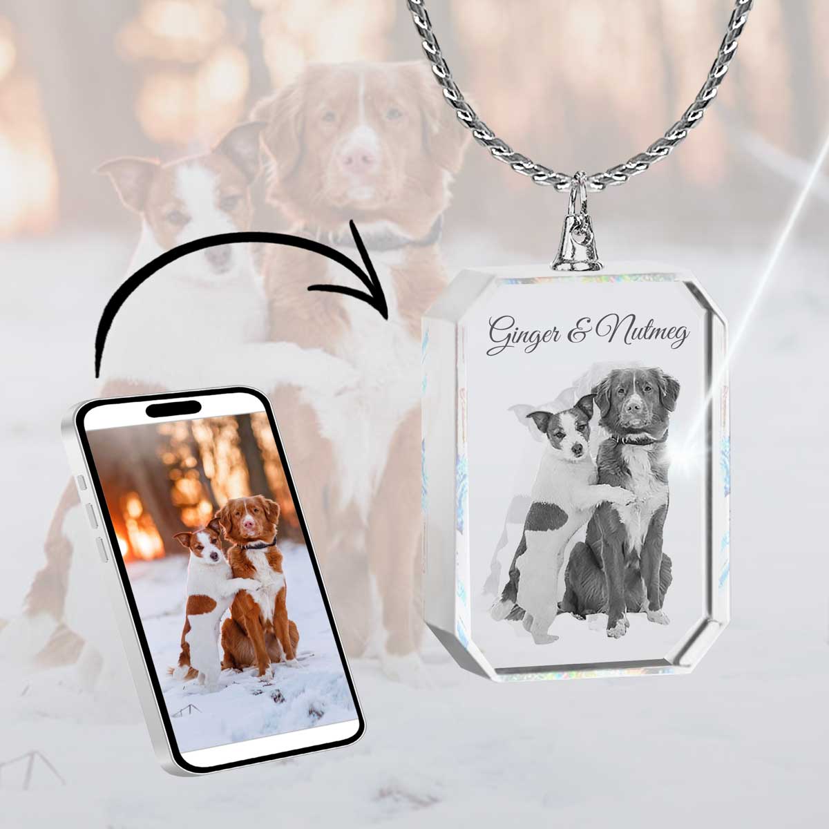 2D Crystal Photo Rectangle Necklace Pendant - Engraving Option - Free Chain